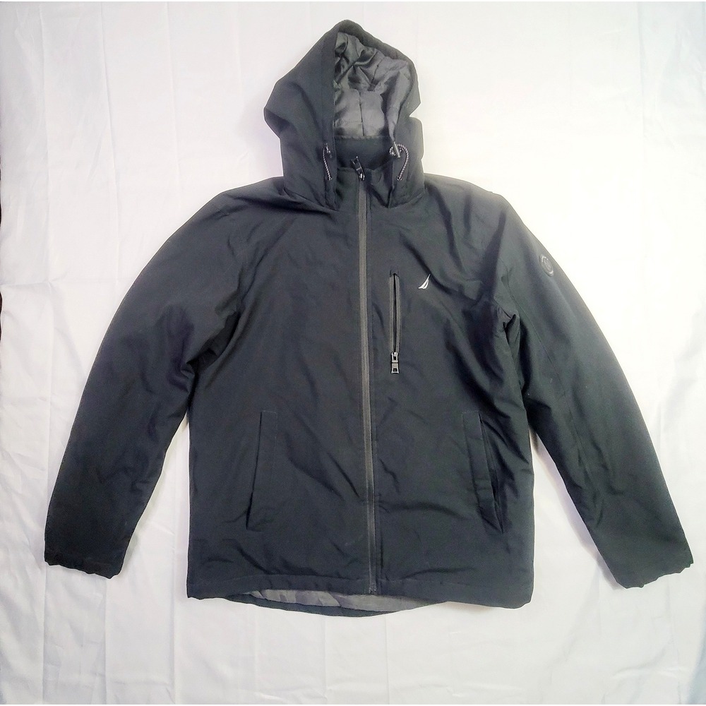 Nautica Men's Hooded Softshell Jacket Medium Black Water‎ Resistant Full Zip B36